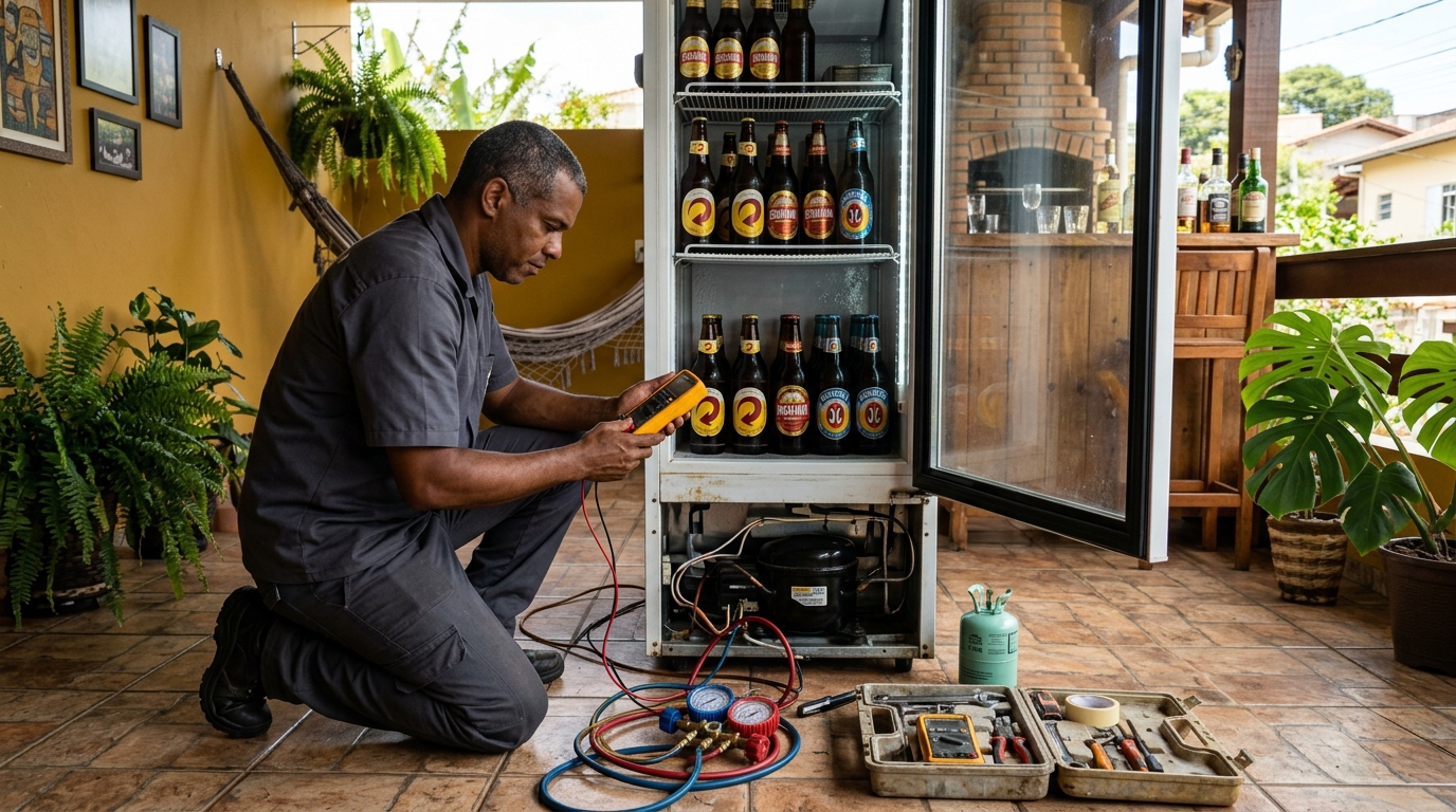 Placa eletrônica de cervejeira em reparo na bancada em Ponta Grossa‑PR