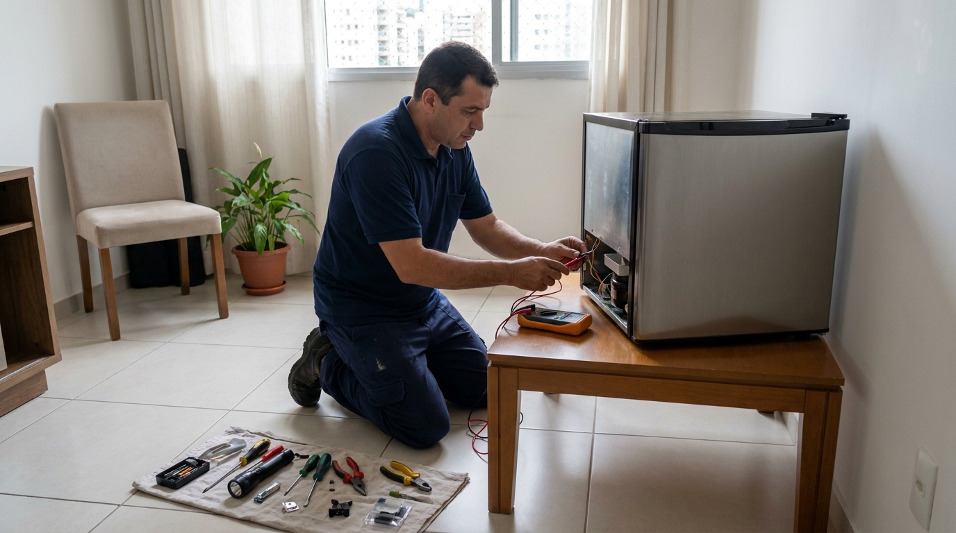 Técnico revisando o motor de um frigobar em Ponta Grossa‑PR