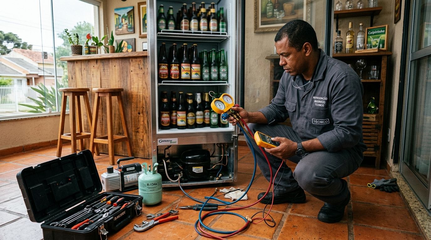 Técnico conferindo a temperatura de uma cervejeira durante atendimento em Ponta Grossa‑PR