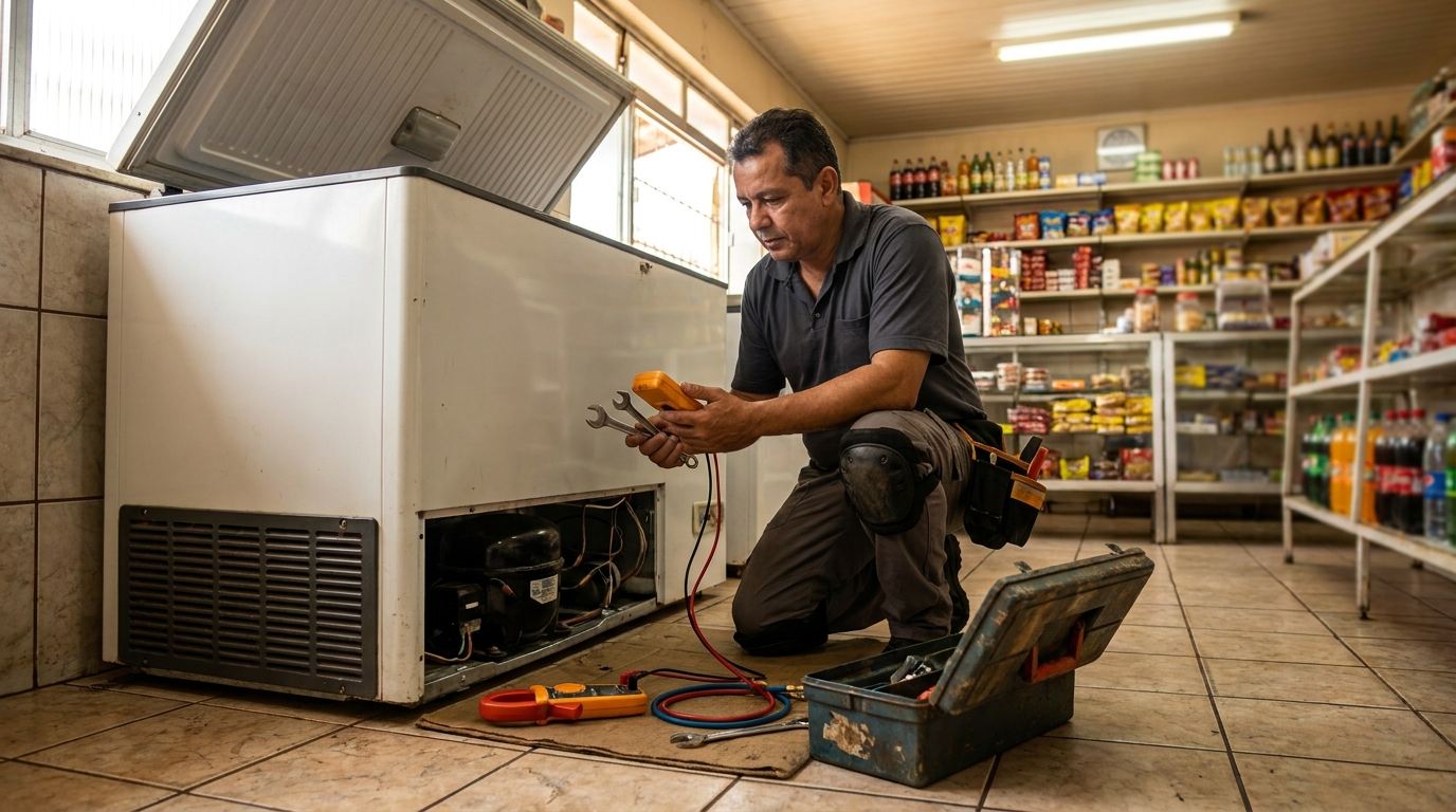 Técnico avaliando um freezer vertical durante atendimento em Ponta Grossa‑PR